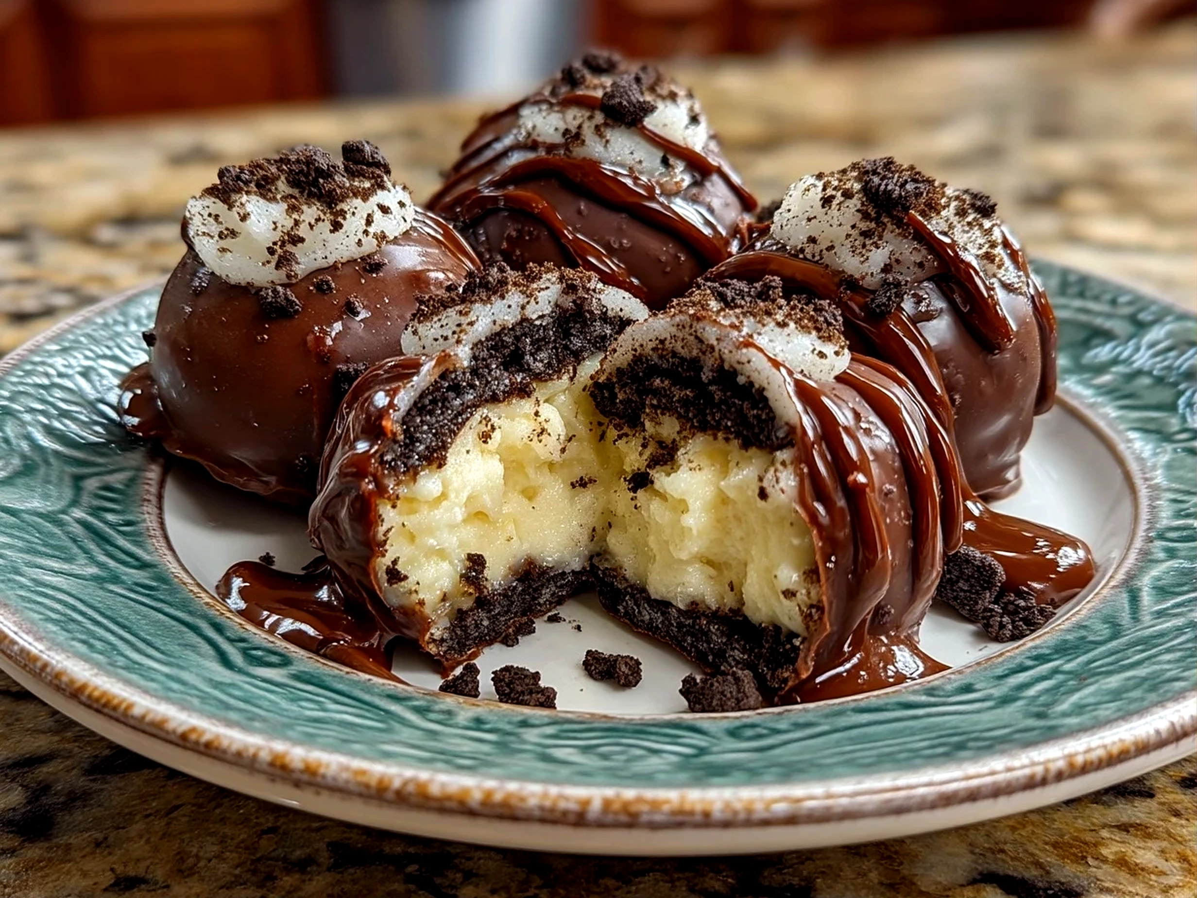 Slight angle close-up of finished shaped Oreo truffles with natural shadows