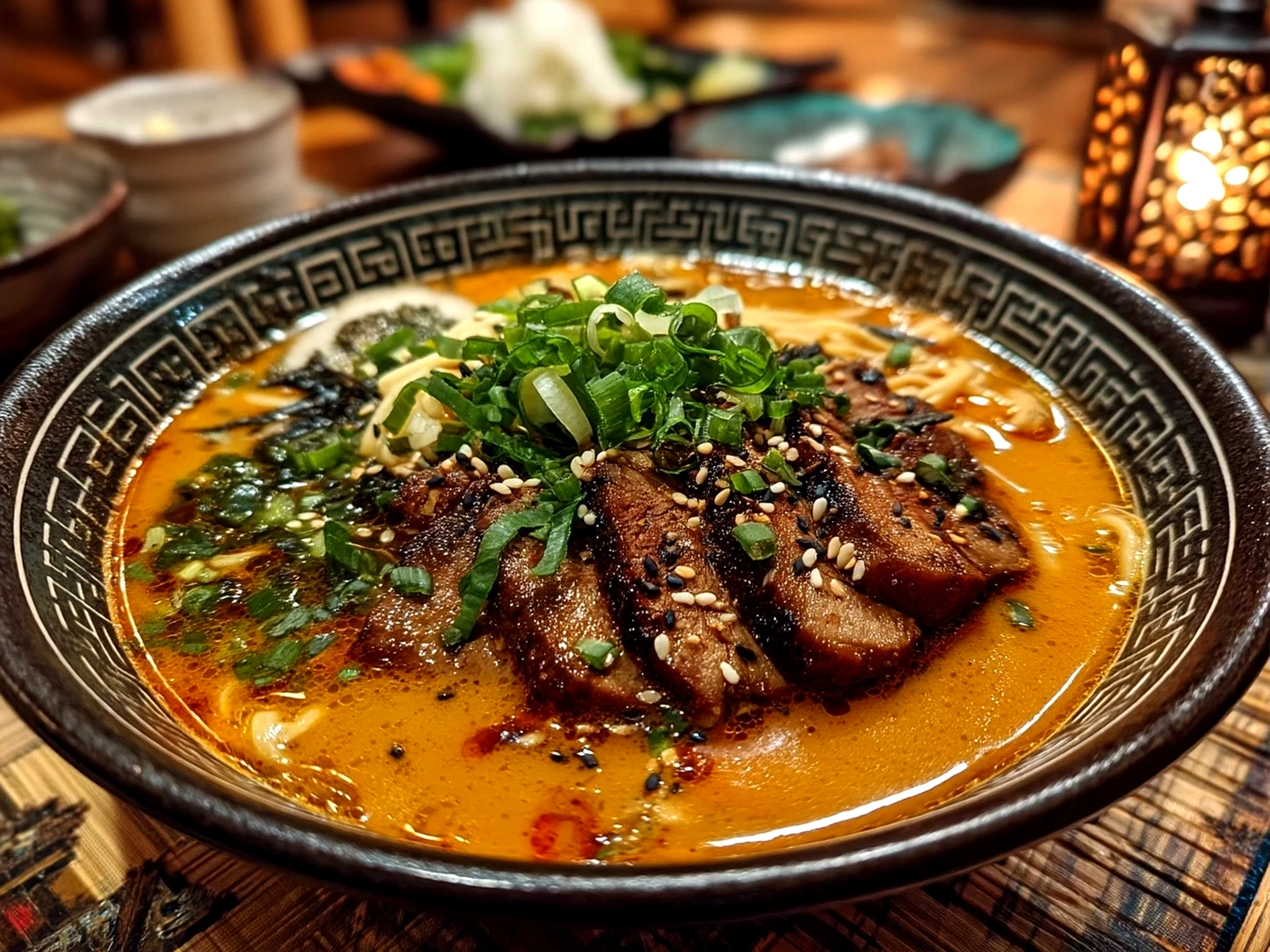 Slight angle close up of finished spicy miso ramen with toppings including egg and nori