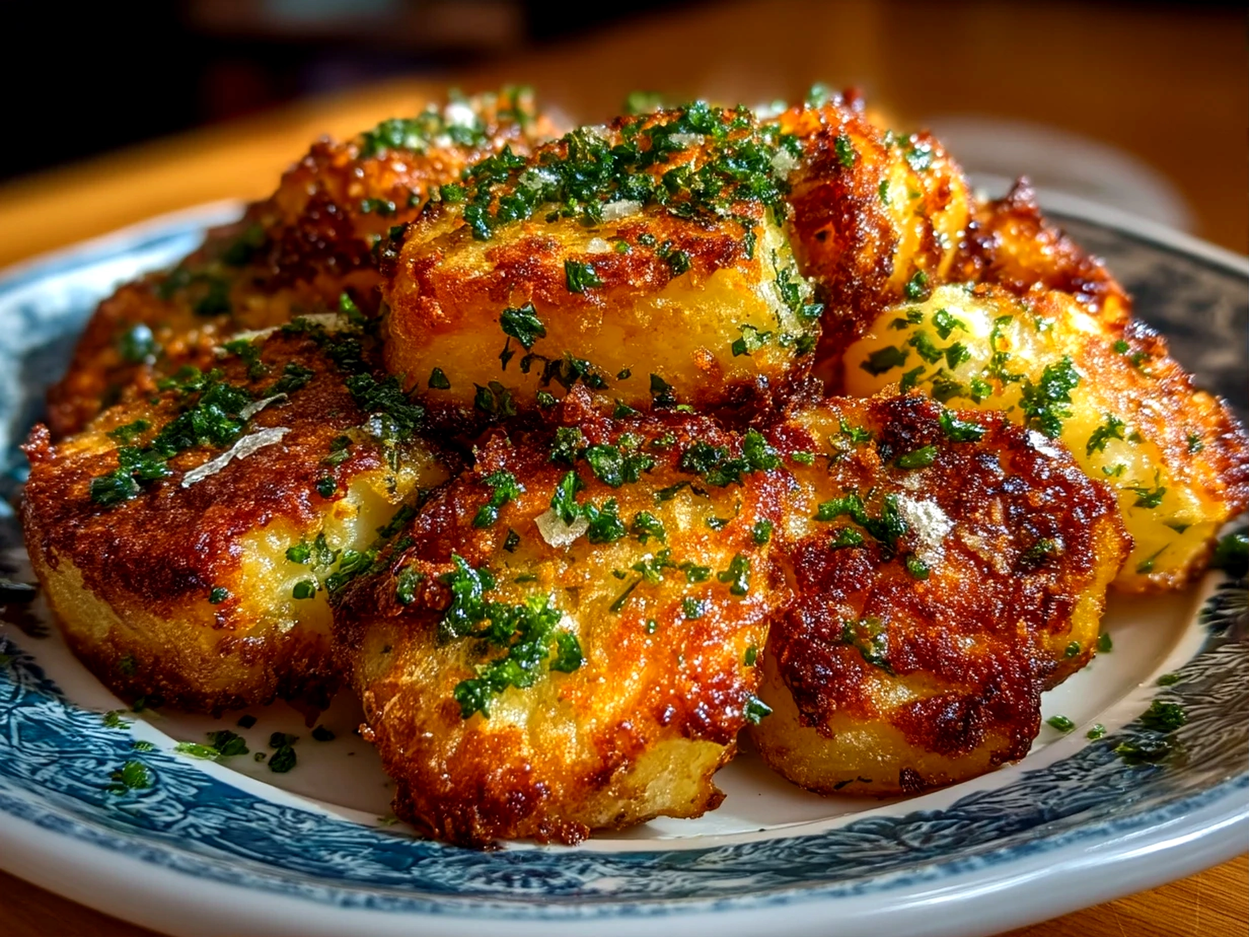 Close-up of finished oven-crisped parmesan potatoes with fresh parsley garnish