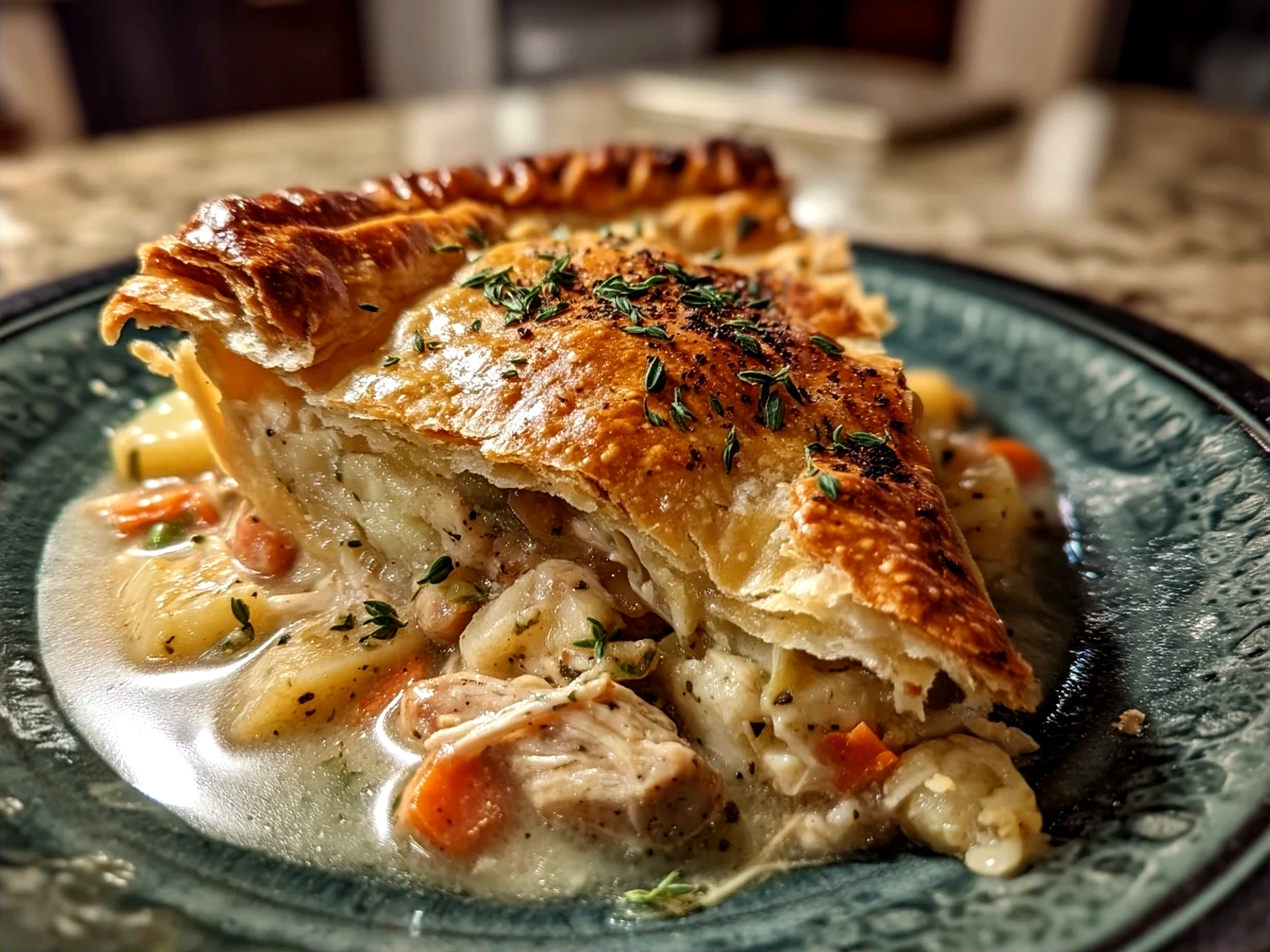 Finished Slow Cooker Chicken Pot Pie served warm with golden crust and creamy filling