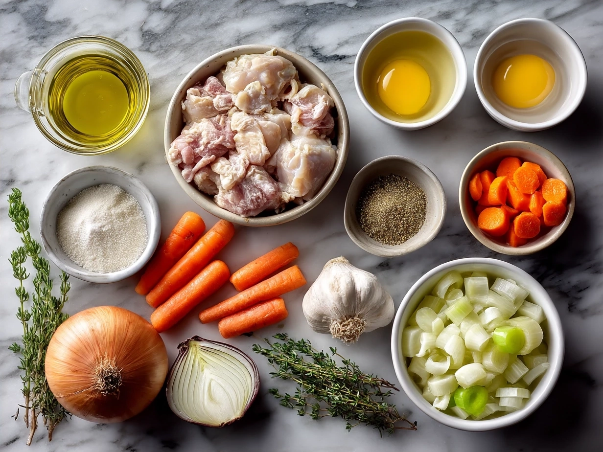 Ingredients for Slow Cooker Chicken Pot Pie including chicken, vegetables, broth, and pie crust