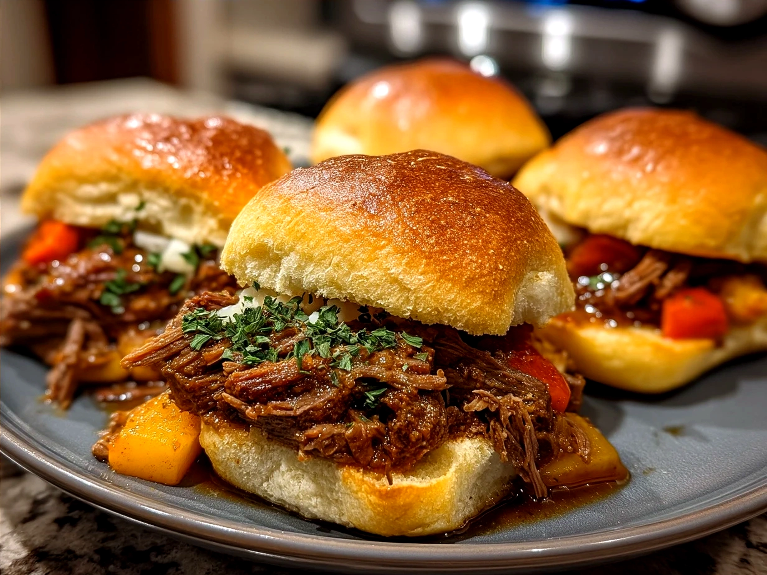 Slow Cooker Italian Beef Sandwiches served on Italian rolls accompanied by giardiniera and side dishes