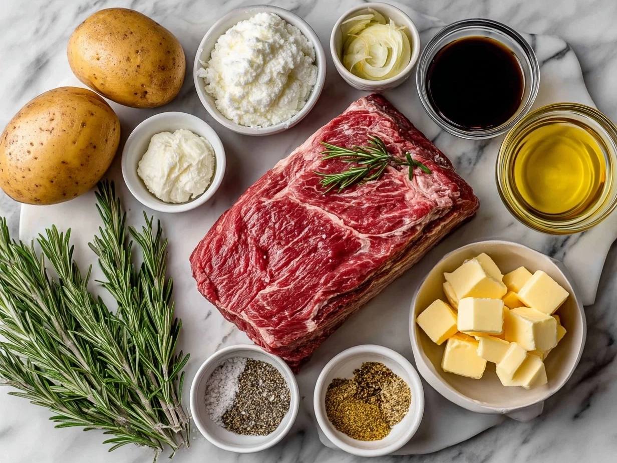 Ingredients for Slow Cooker Italian Beef Sandwiches: beef chuck roast, Italian dressing mix, beef broth, garlic powder, onion powder, oregano, basil, Italian rolls, and giardiniera