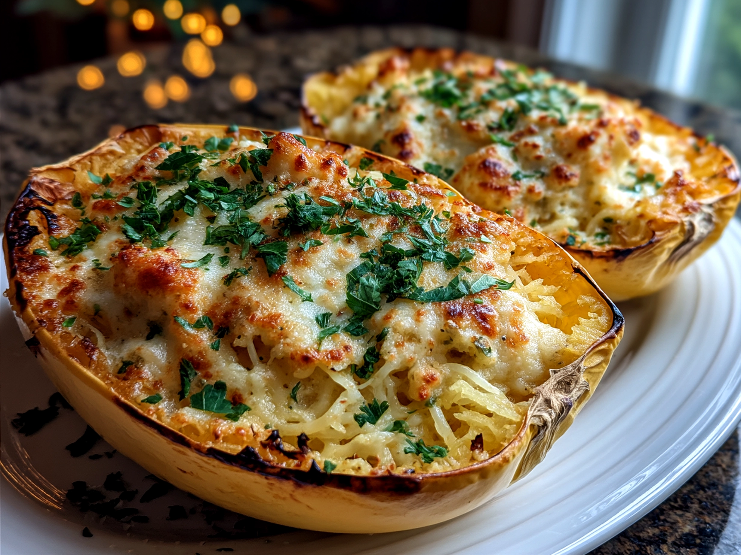 Serving Spaghetti Squash Alfredo Boats garnished with fresh parsley on a rustic plate