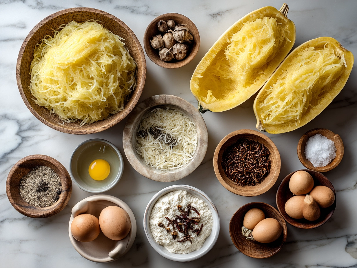 Ingredients for Spaghetti Squash Alfredo Boats including squash, cream, Parmesan, butter, garlic, and parsley