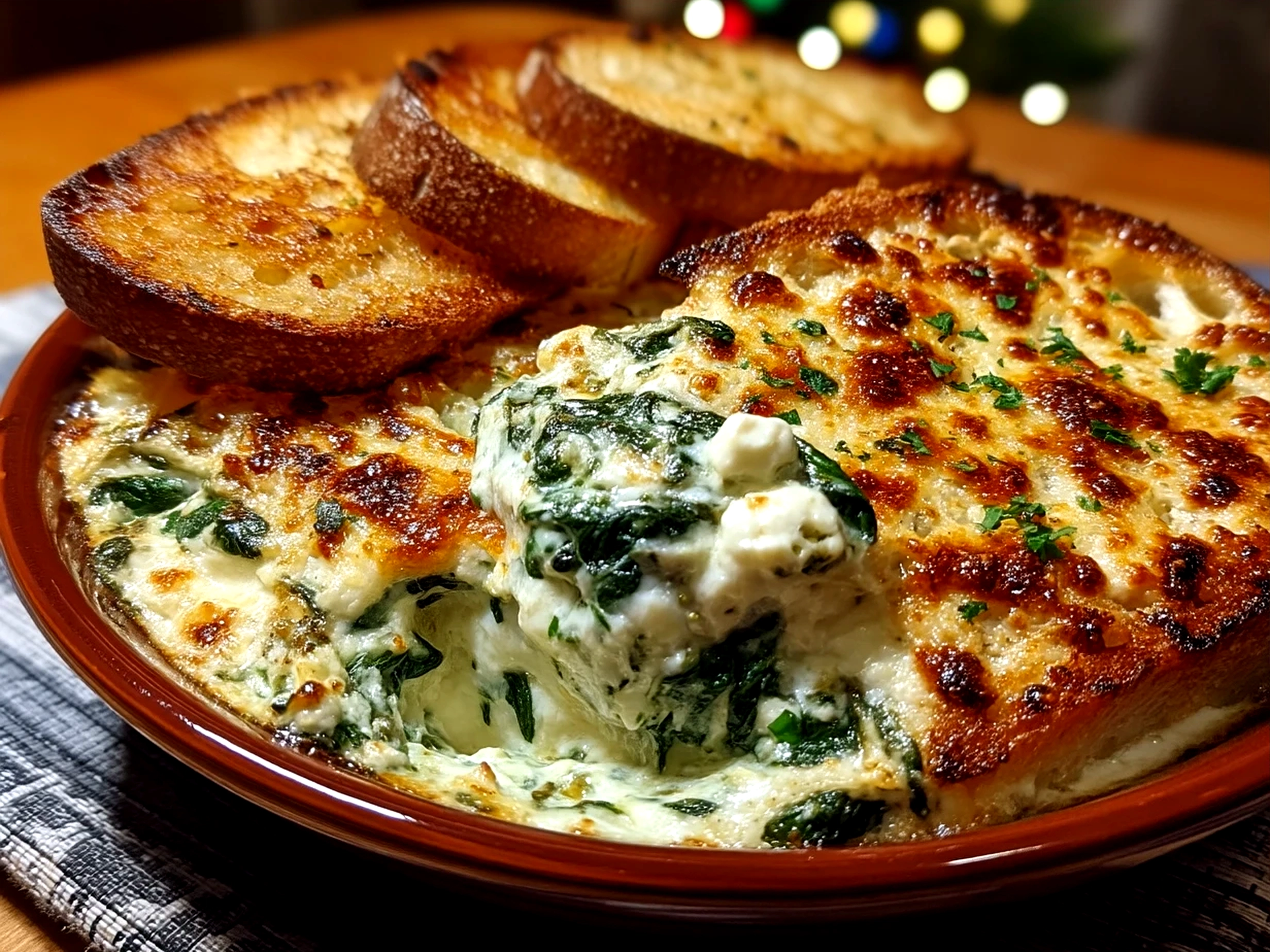 A bowl of warm spinach dip garnished with fresh herbs and surrounded by chips for serving