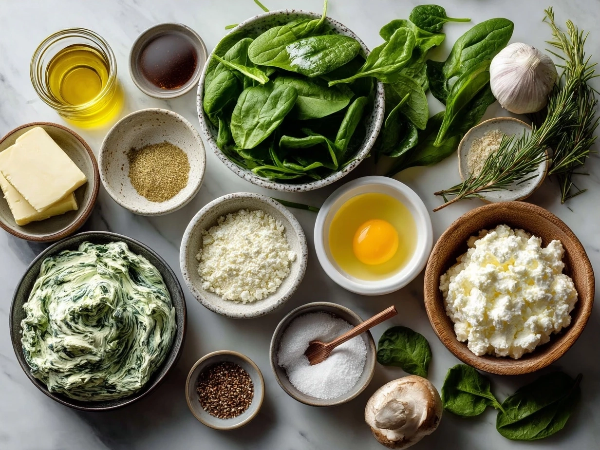 Ingredients for spinach dip including fresh spinach, cream cheese, sour cream, mayonnaise, and cheeses
