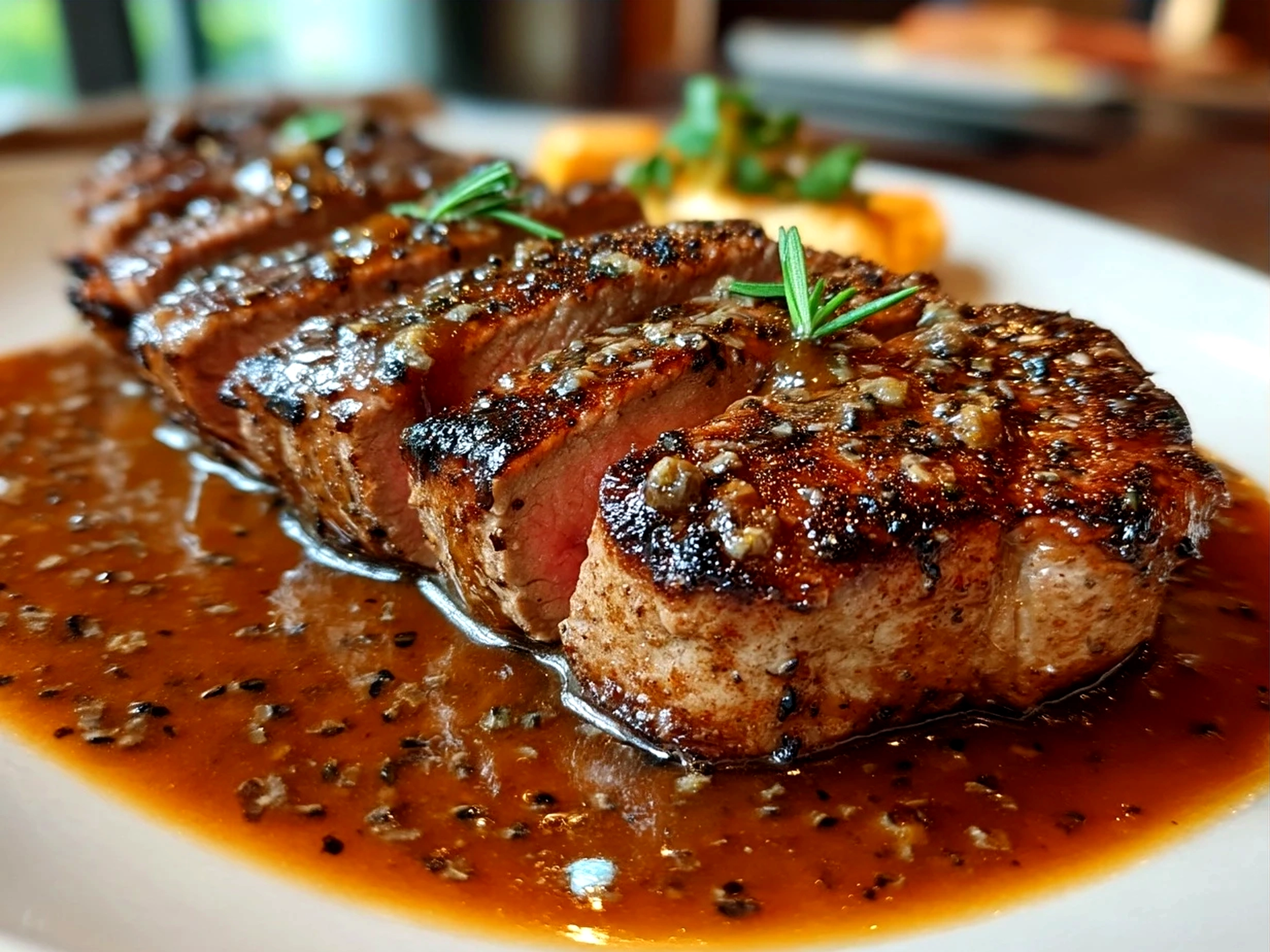 Plated steak with peppercorn sauce served with side vegetables