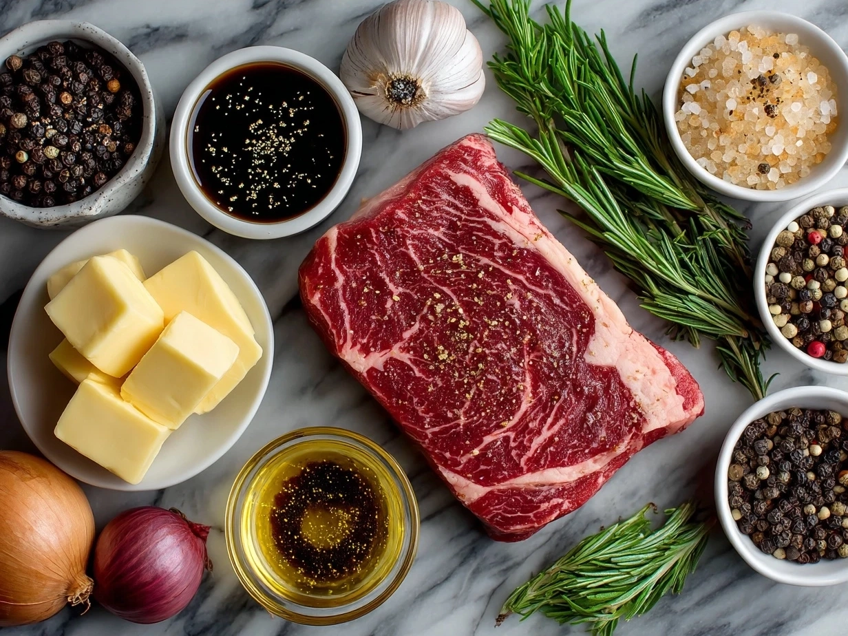 Ingredients for steak with peppercorn sauce including sirloin steak, black peppercorns, butter, olive oil, brandy, cream, and shallots