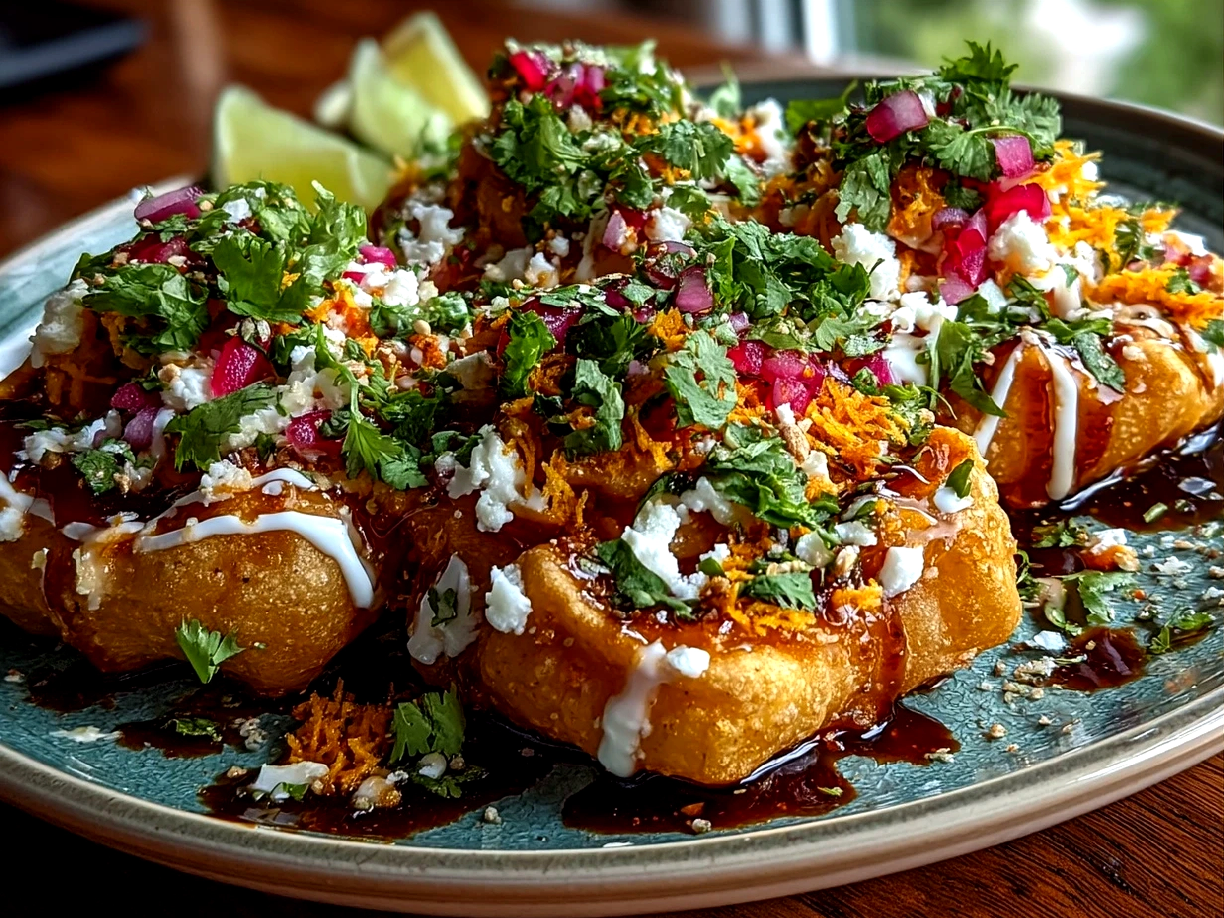 Serving presentation of Street-Style Peanut Cheese Chaat garnished with fresh coriander and sev