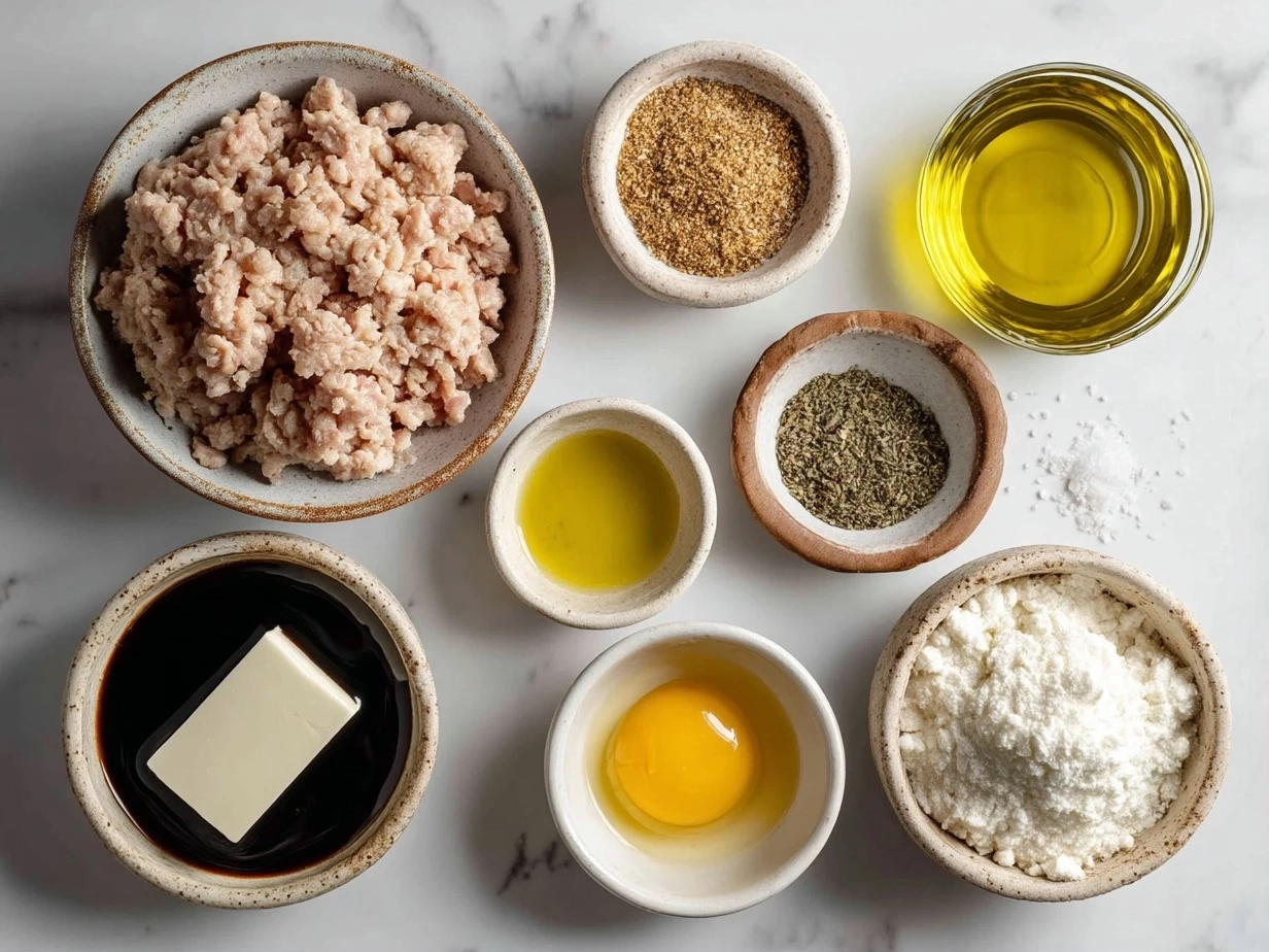 Top down view of ingredients for Honey Garlic Ground Turkey including ground turkey, garlic, honey, soy sauce, and green onions