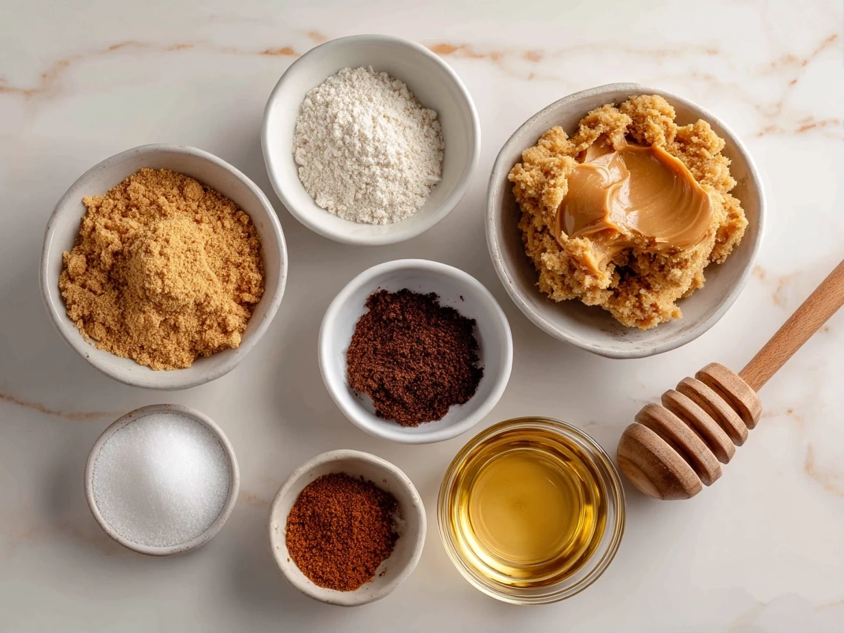 Top down view of ingredients for peanut butter cookie bites on pristine white marble countertop