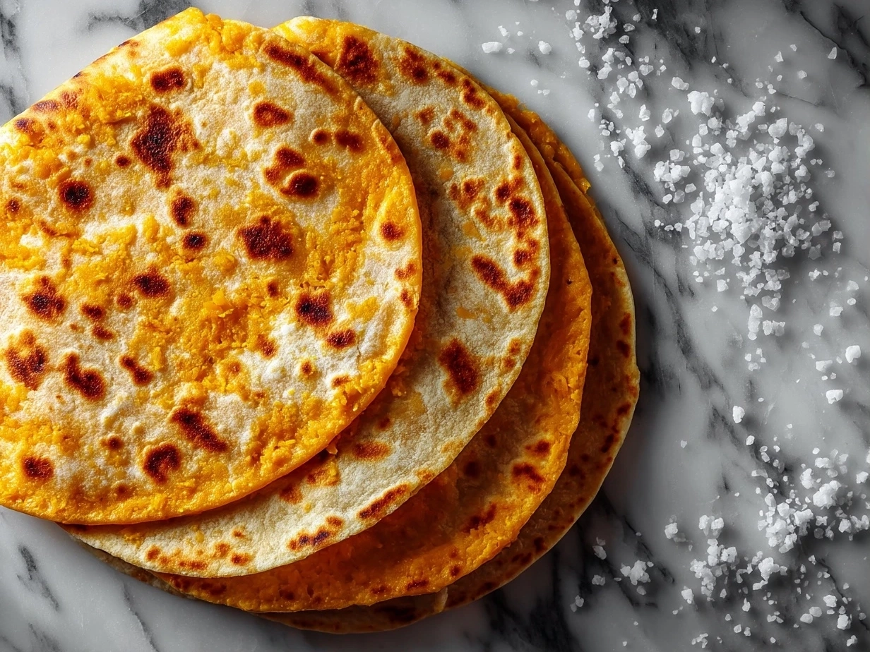 Top down view of ingredients for pumpkin quesadillas arranged on white marble