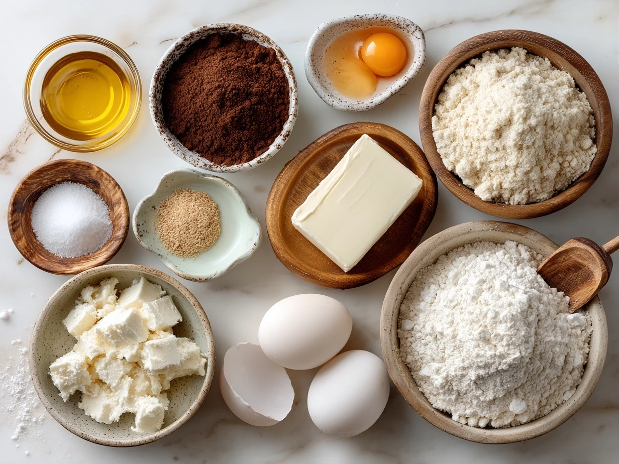 Top-down view of ingredients for sweet potato pancakes including grated sweet potatoes, gluten-free flour, flaxseed, cinnamon, and plant-based milk