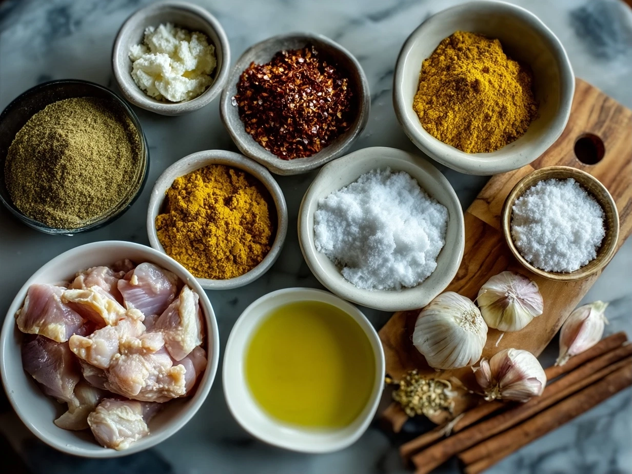 Top-down view of raw ingredients for butter chicken on marble kitchen countertop in modern kitchen with organized mise en place
