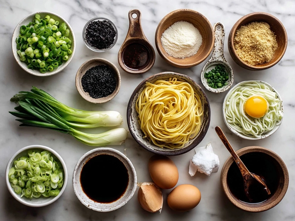 Top down view of raw ingredients including noodles, peanut butter, sesame oil, garlic, and scallions for Cold Sesame Noodles