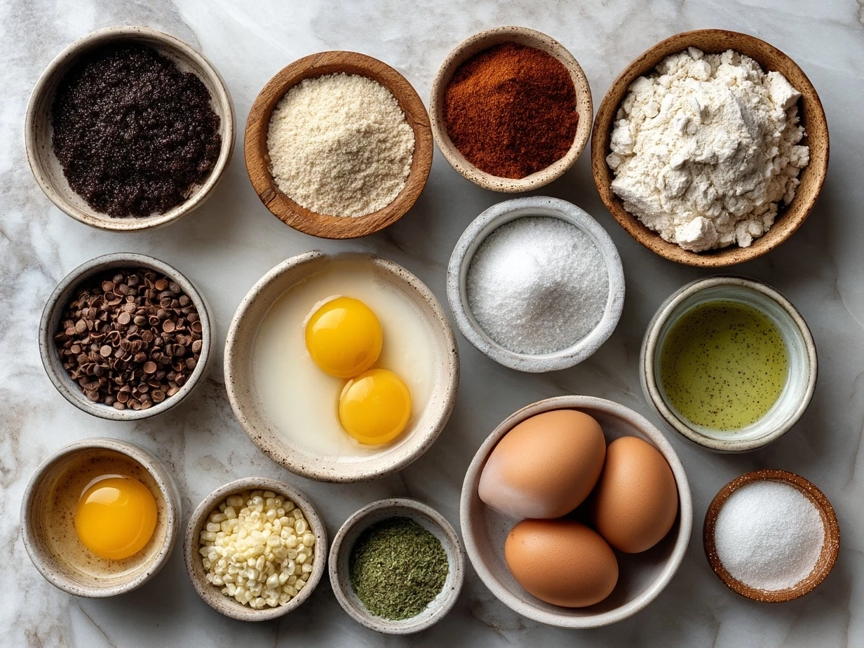 Top down raw ingredients for crispy corn toast bites on marble countertop, arranged neatly for preparation