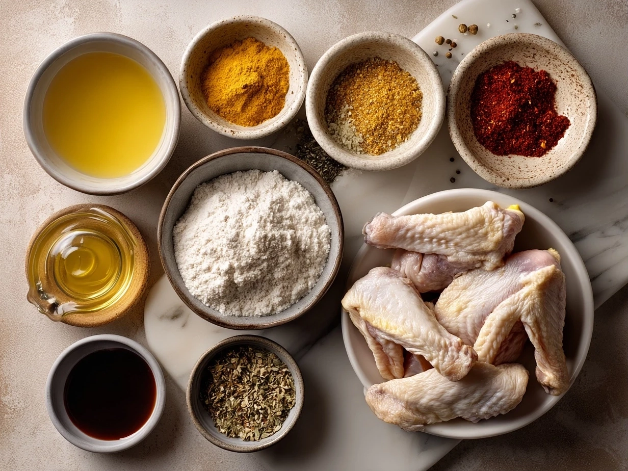 Top down view of raw ingredients for crockpot buffalo wings on a marble surface in a modern kitchen showing organized mise en place