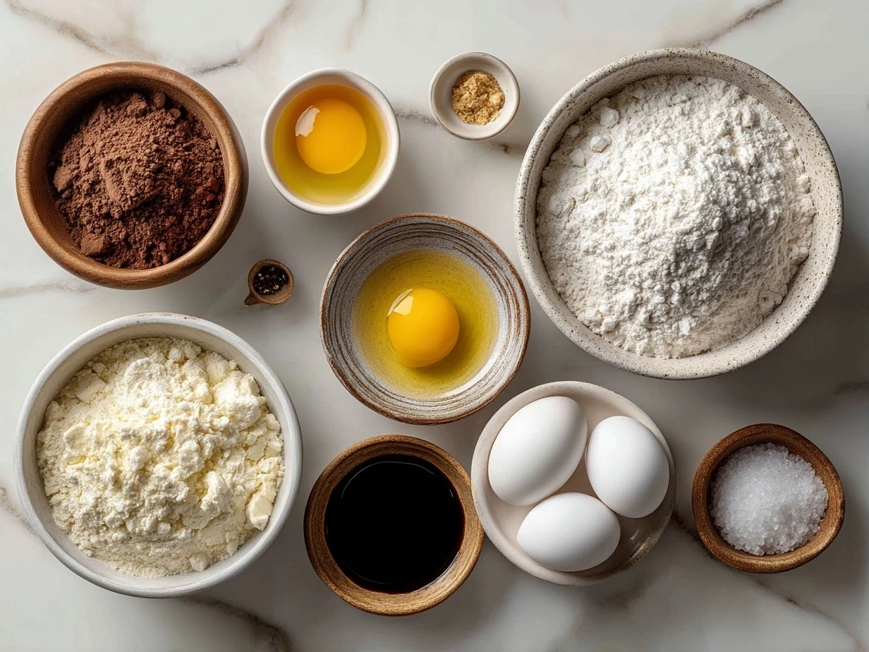 Top-down view of raw ingredients for croissant bake on marble countertop with organized mise-en-place.