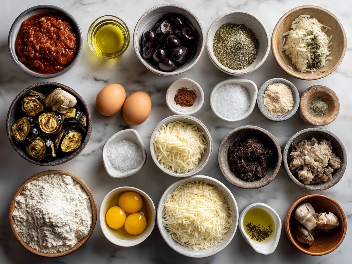 Top-down view of raw ingredients for Eggplant Parmesan Stacks arranged neatly on marble counter.