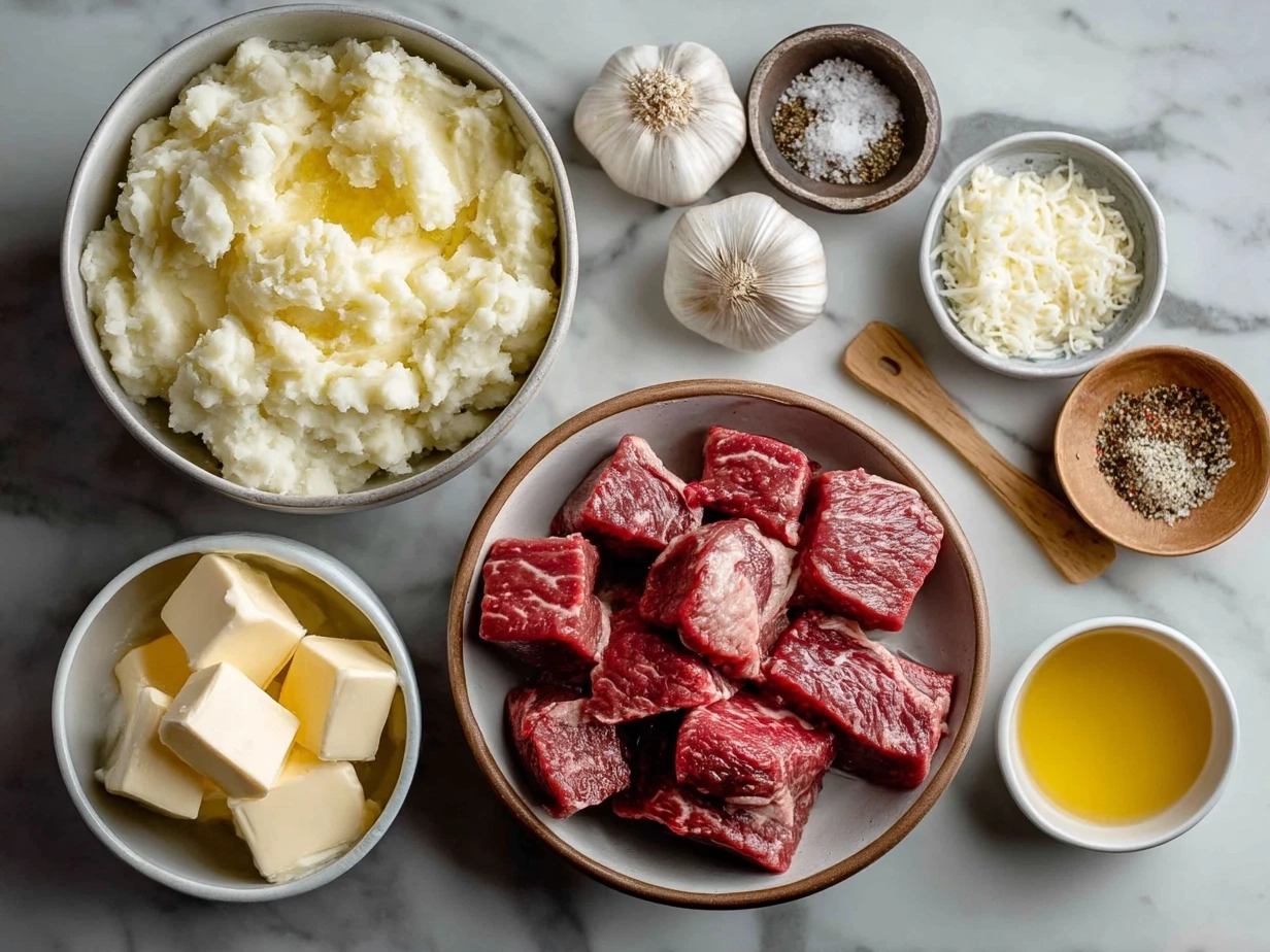 Top-down view of raw ingredients for Garlic Butter Beef Bites with Creamy Mashed Potatoes including beef pieces, garlic, butter, and potatoes