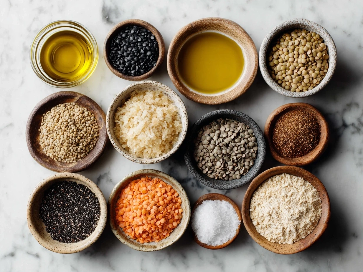 Top down view of raw ingredients for lentil burgers including lentils, onions, garlic, breadcrumbs, and spices