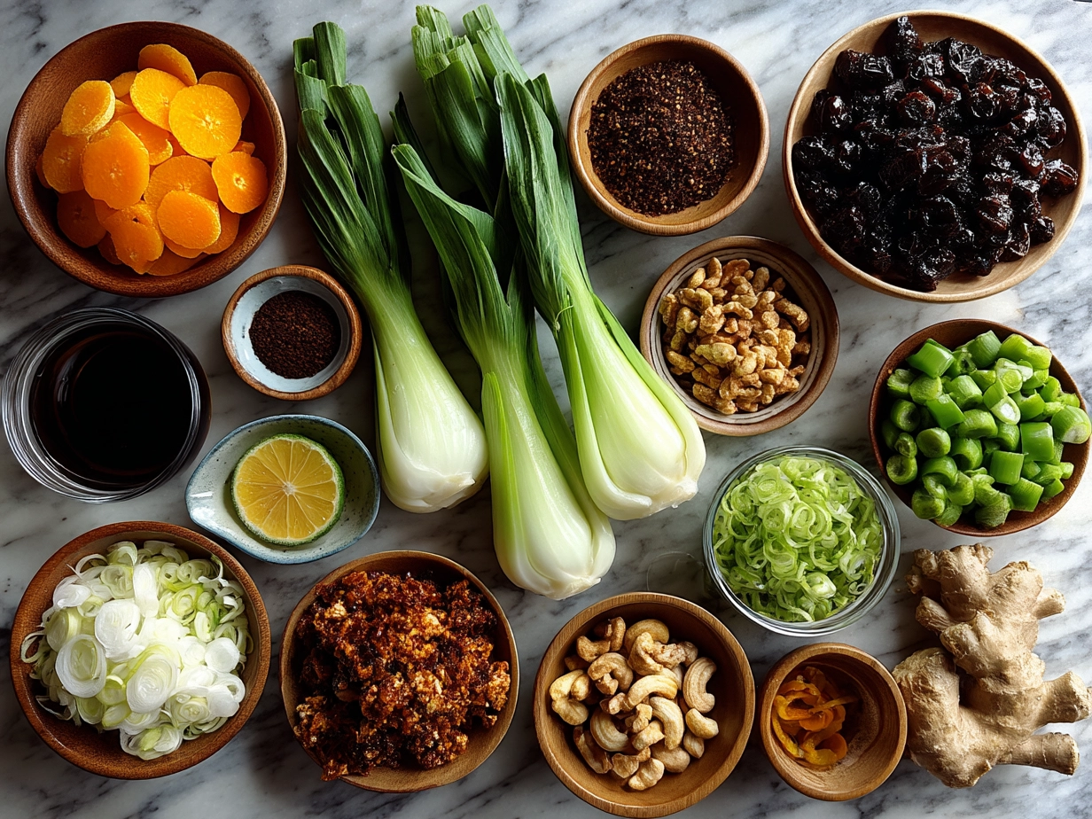 Top down view of raw ingredients for Orange Glazed Tempeh Stir Fry on marble surface