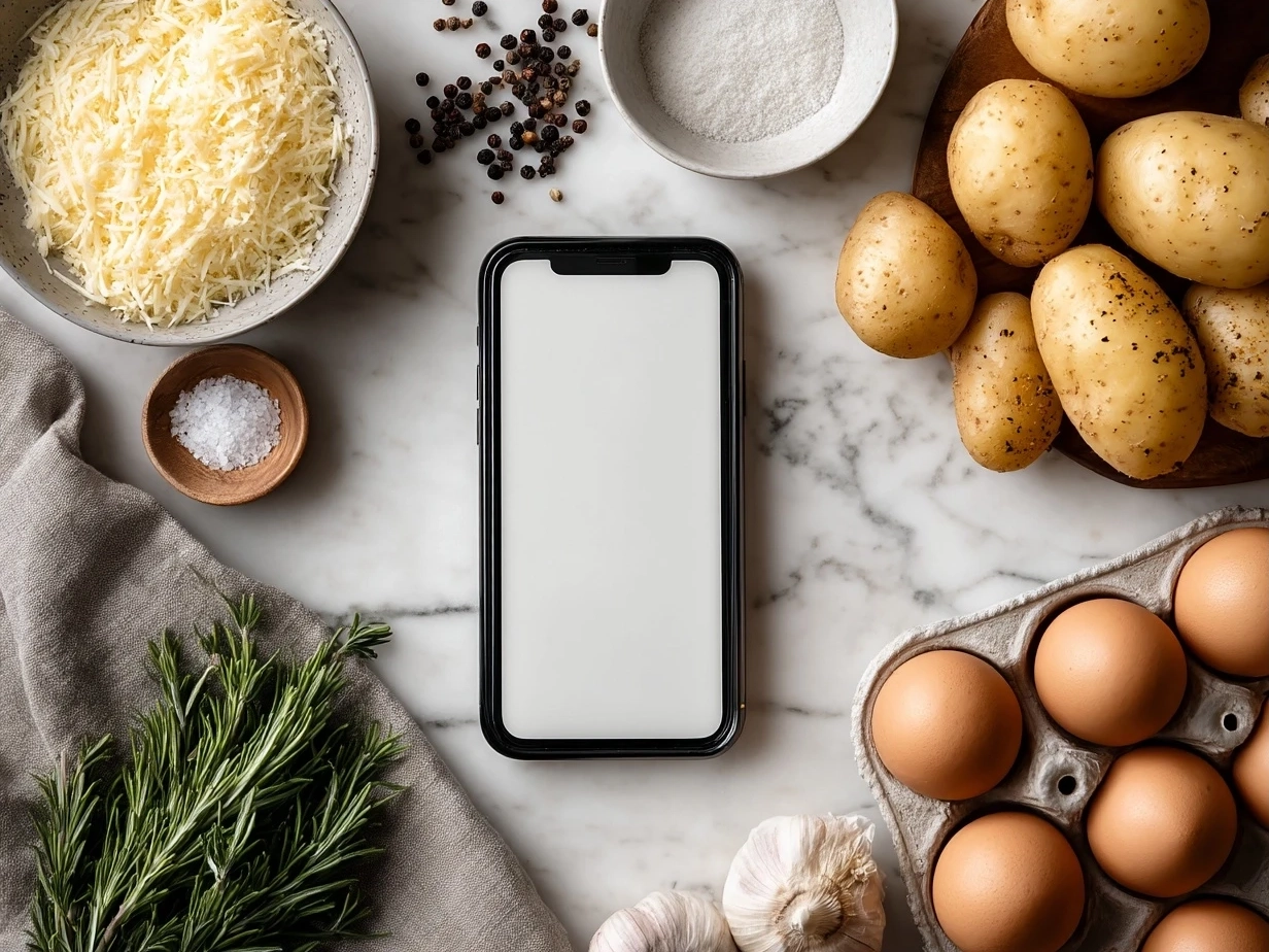 Raw ingredients for oven-crisped parmesan potatoes arranged on marble surface