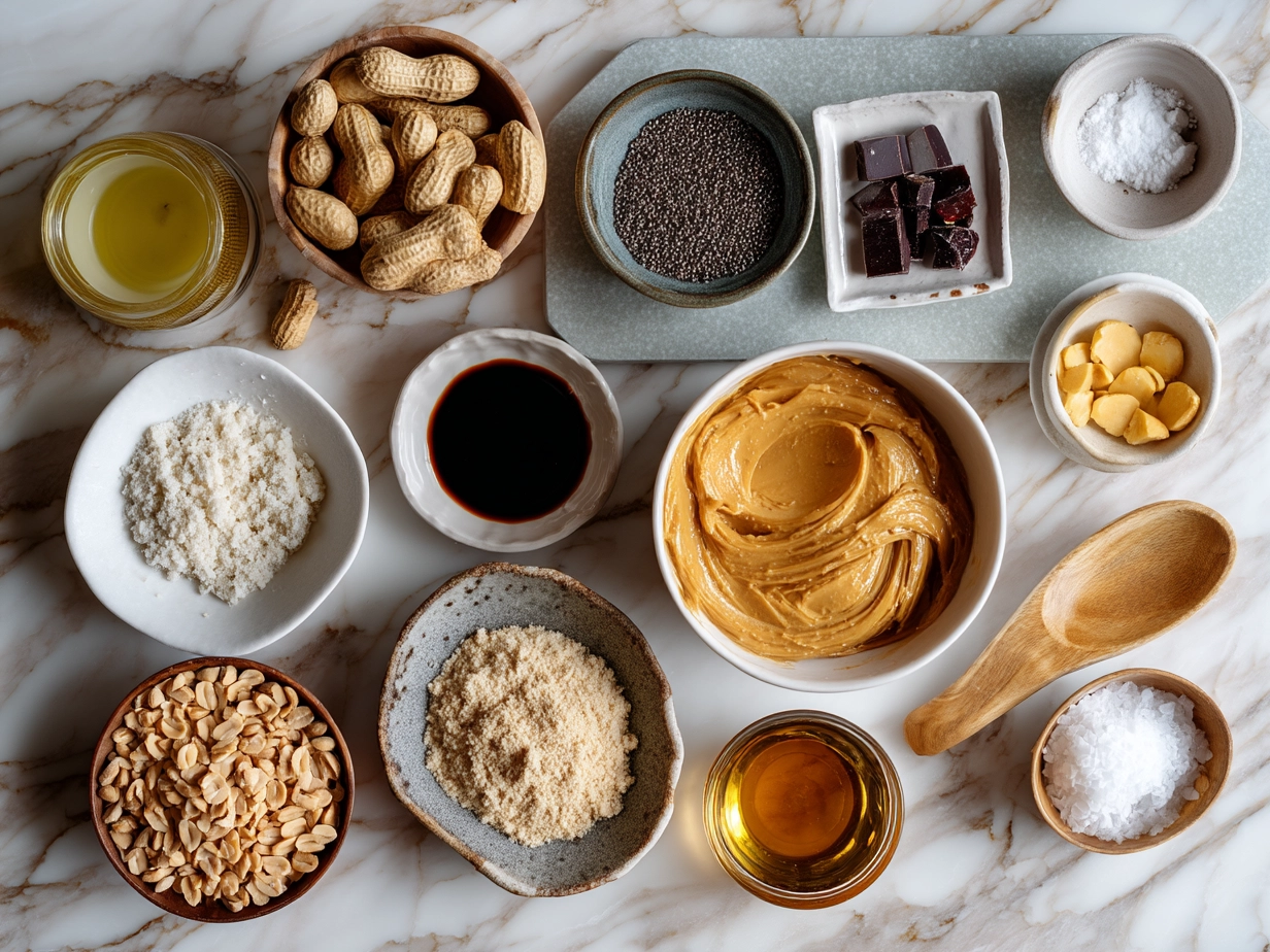 Top down view of raw ingredients for peanut noodles arranged on marble surface