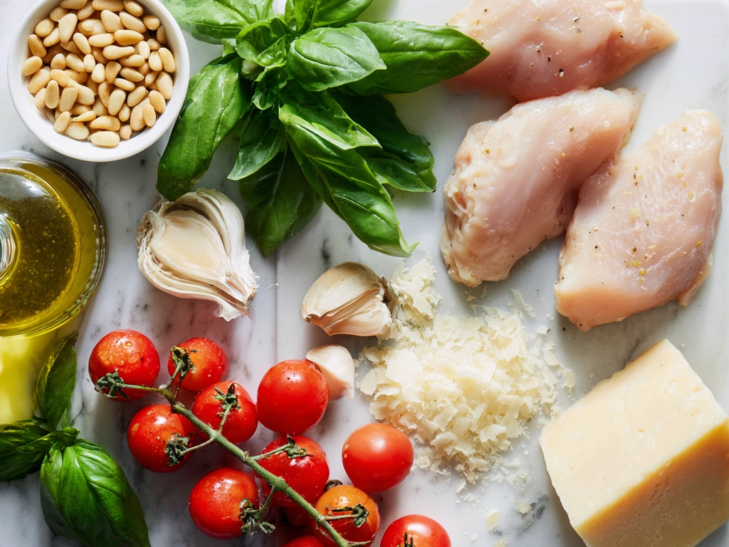 Top-down view of raw ingredients for pesto chicken on marble countertop including fresh basil, pine nuts, garlic, olive oil, and Parmesan cheese