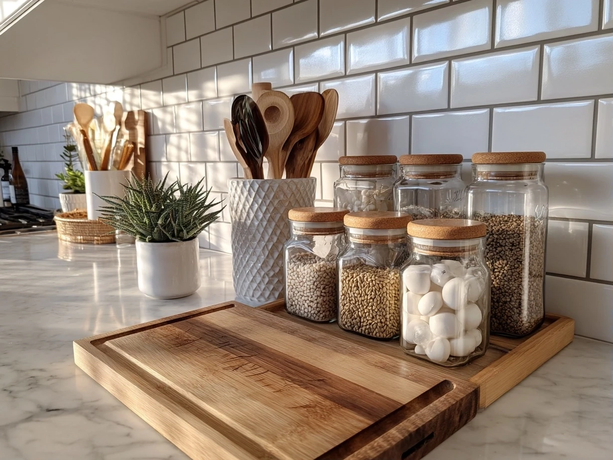 Top down view of raw ingredients for roasted cauliflower soup on marble surface