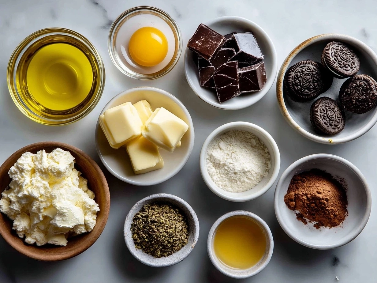 Top-down view of raw ingredients for shaped Oreo truffles on marble surface