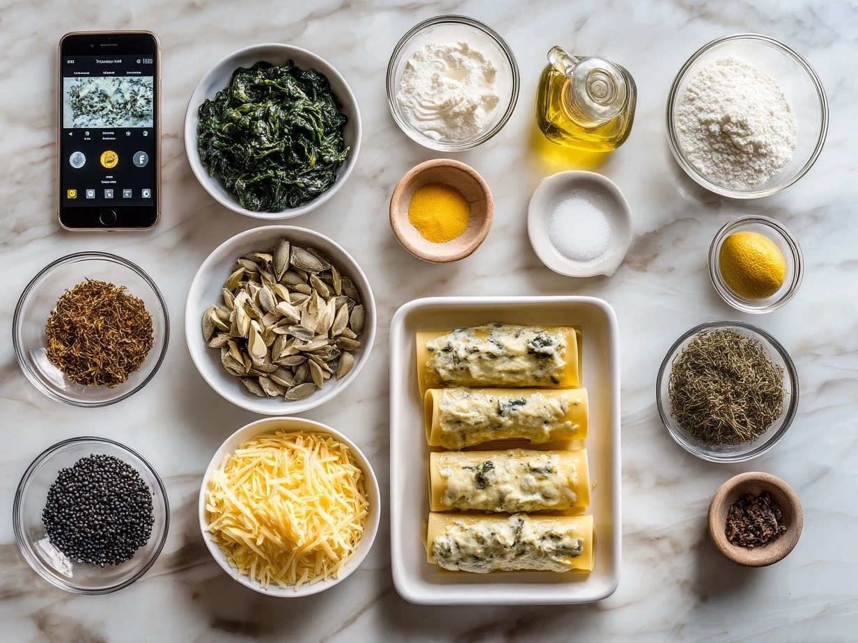 Top-down view of raw ingredients for Spinach Artichoke Lasagna Rolls on a marble surface