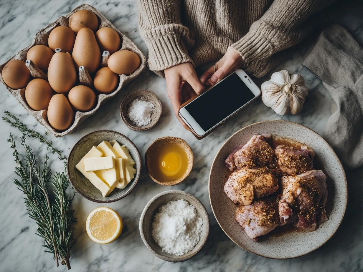 Top-down view of raw ingredients for Sticky Honey Garlic Thighs on marble surface