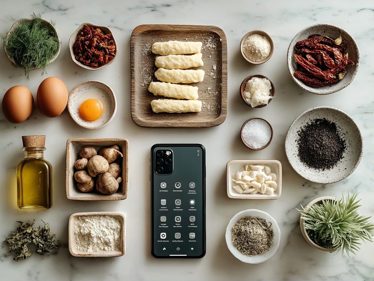Top down view of raw ingredients for Sun-Dried Tomato Gnocchi on marble surface