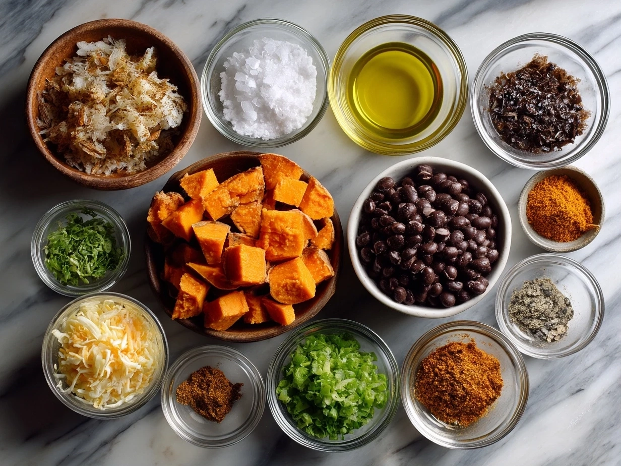 Top-down view of raw ingredients for Sweet Potato Black Bean Enchiladas arranged on a marble countertop with organized mise en place.