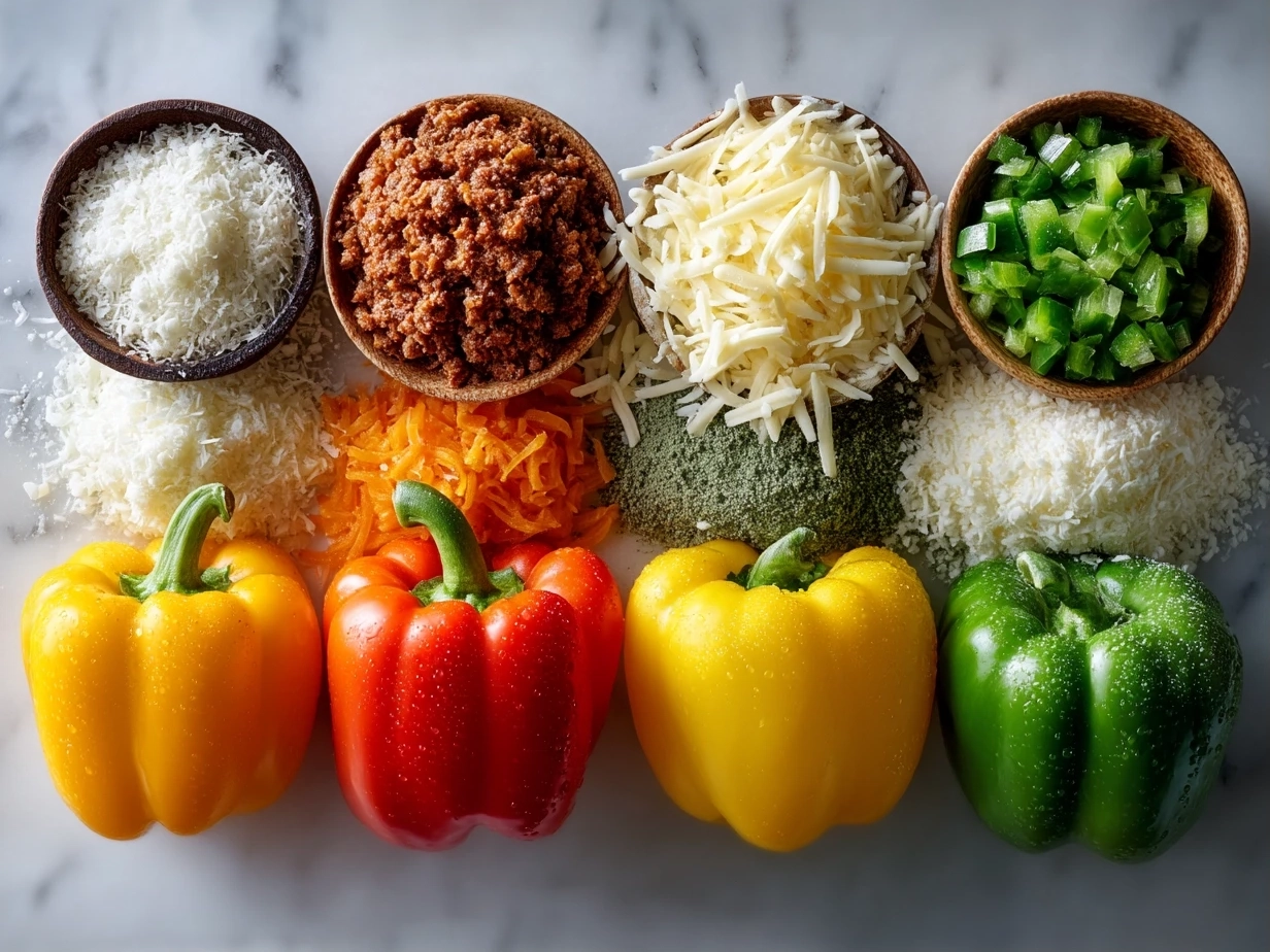 Top down view of vibrant stuffed pepper soup ingredients including colorful bell peppers, ground beef, and seasonings