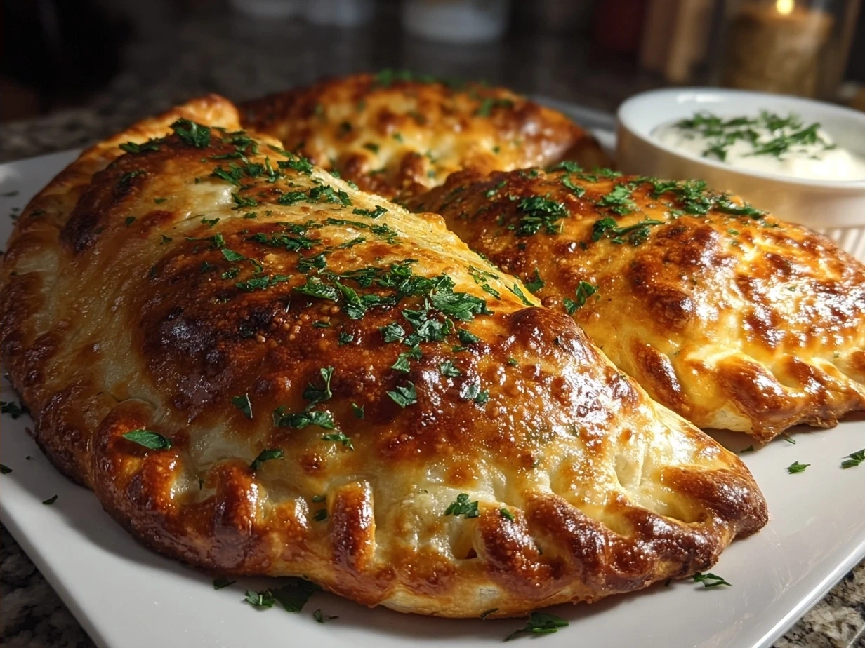 Served Touchdown Calzones garnished with basil and side salad