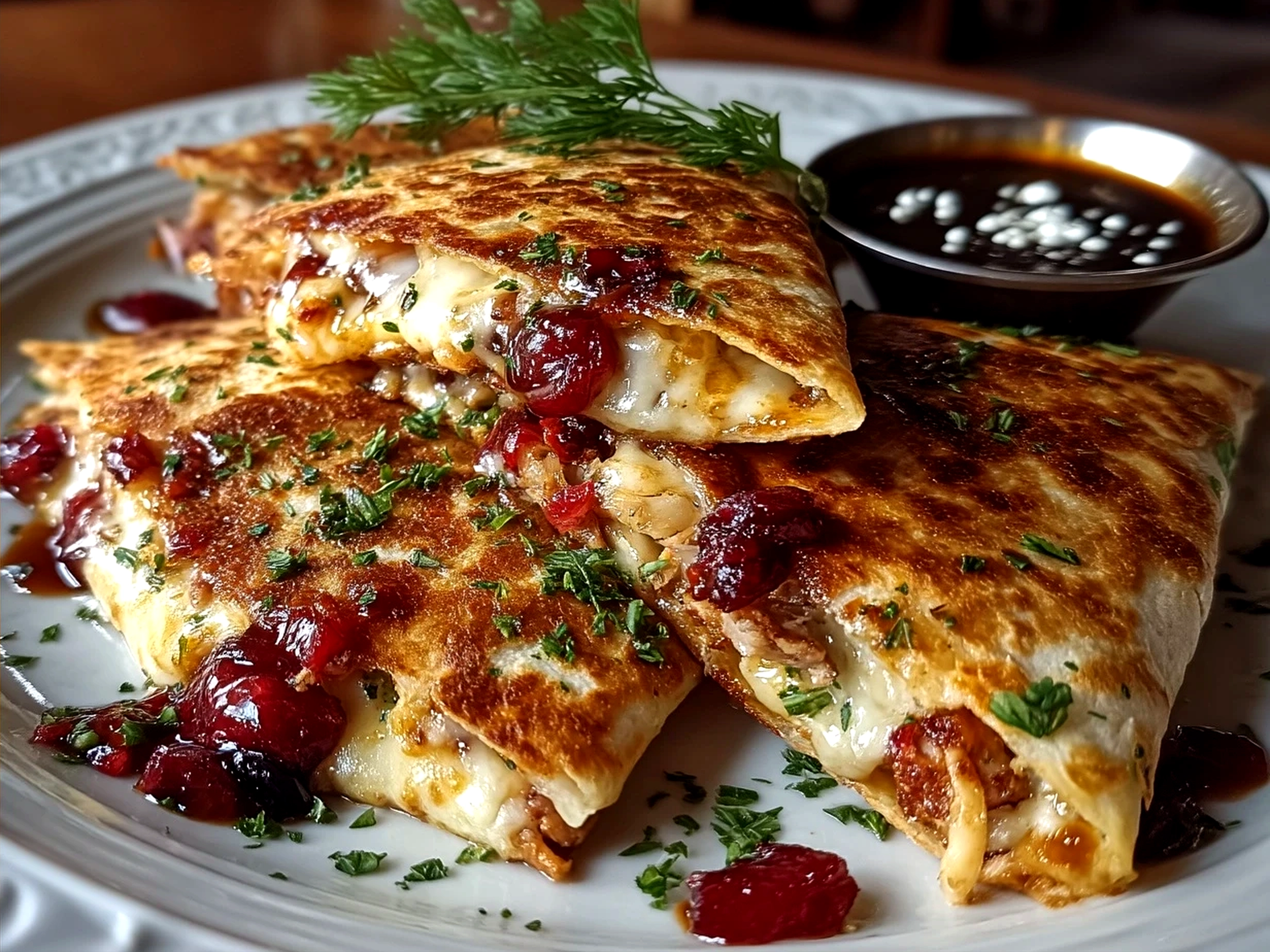 Turkey Cranberry Quesadillas served on a plate ready to eat