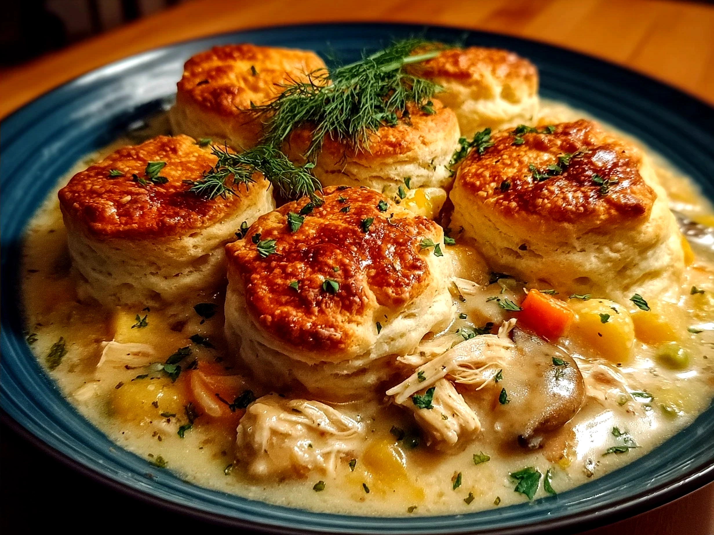 Serving Turkey Pot Pie with Biscuit Topping, ready to enjoy at the table