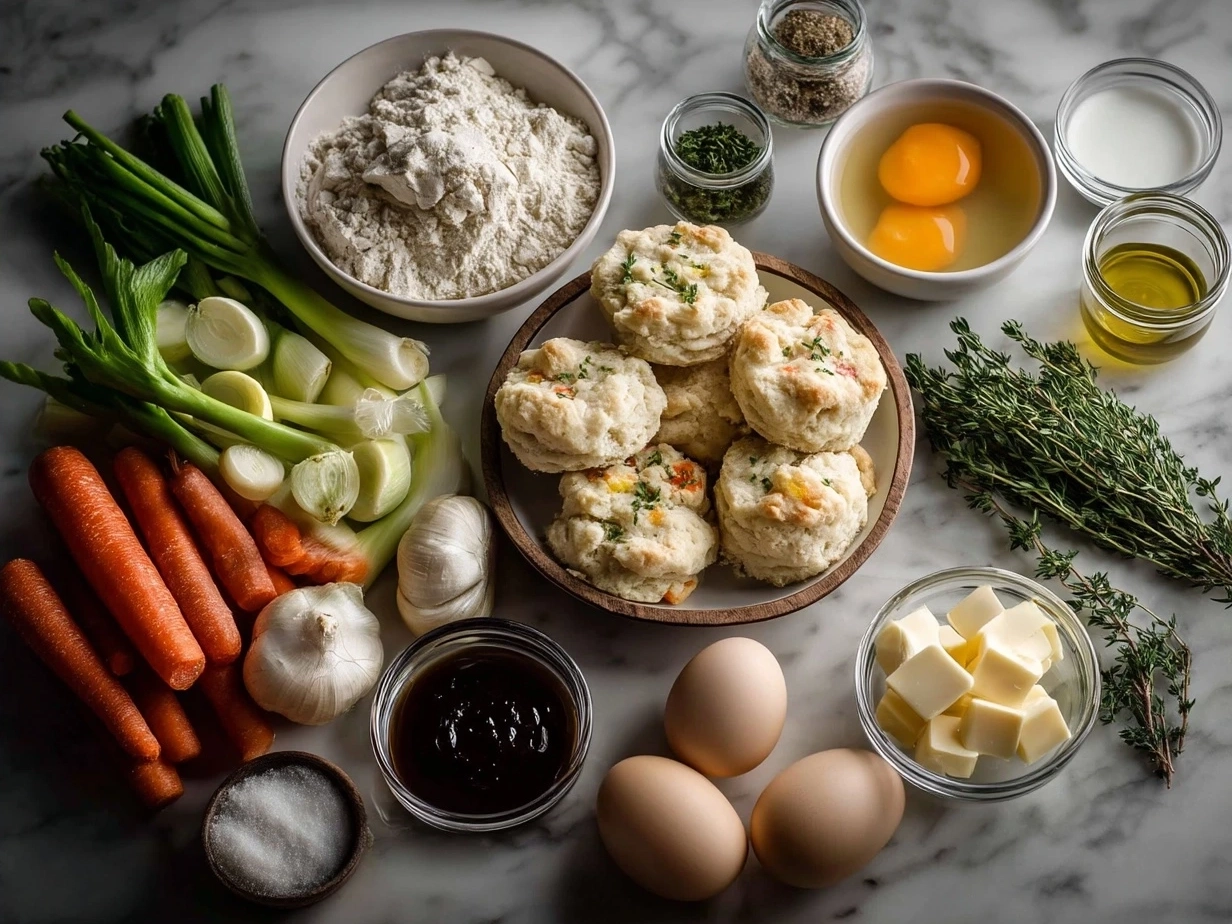 Ingredients for Turkey Pot Pie with Biscuit Topping including turkey, vegetables, flour, butter and milk