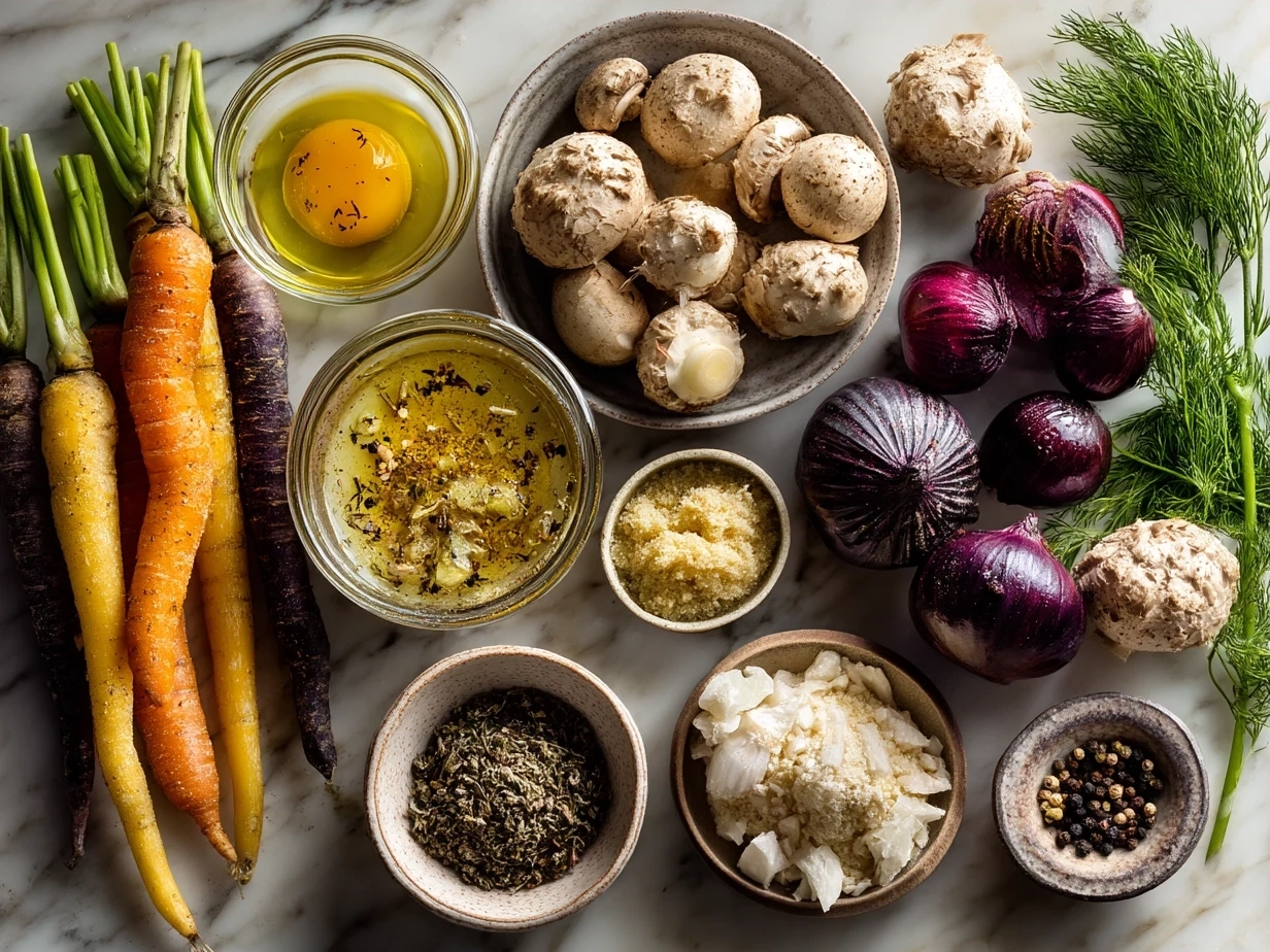 Fresh ingredients for homemade vegetable soup including carrots, onion, celery, and green beans