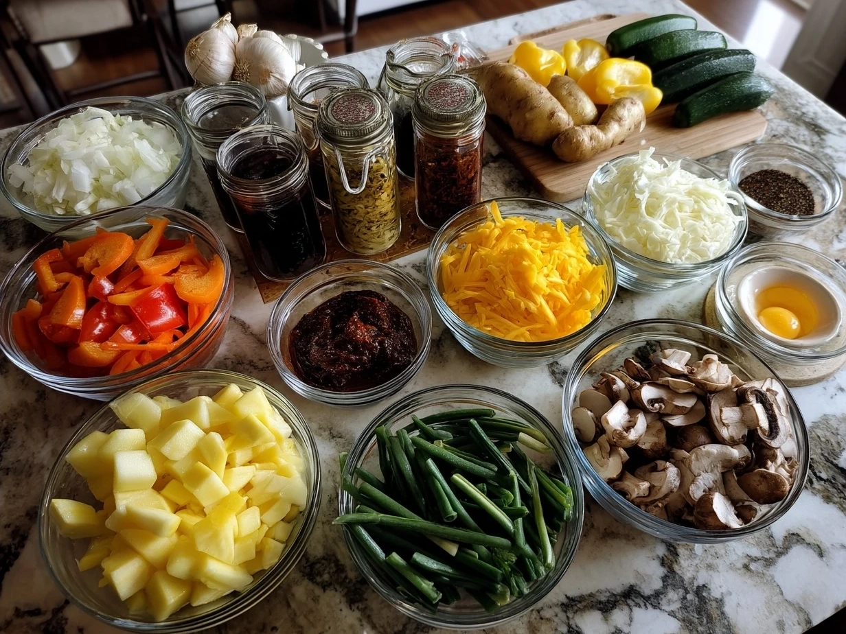 Ingredients for Veggie Sheet Pan Hash laid out on a wooden board