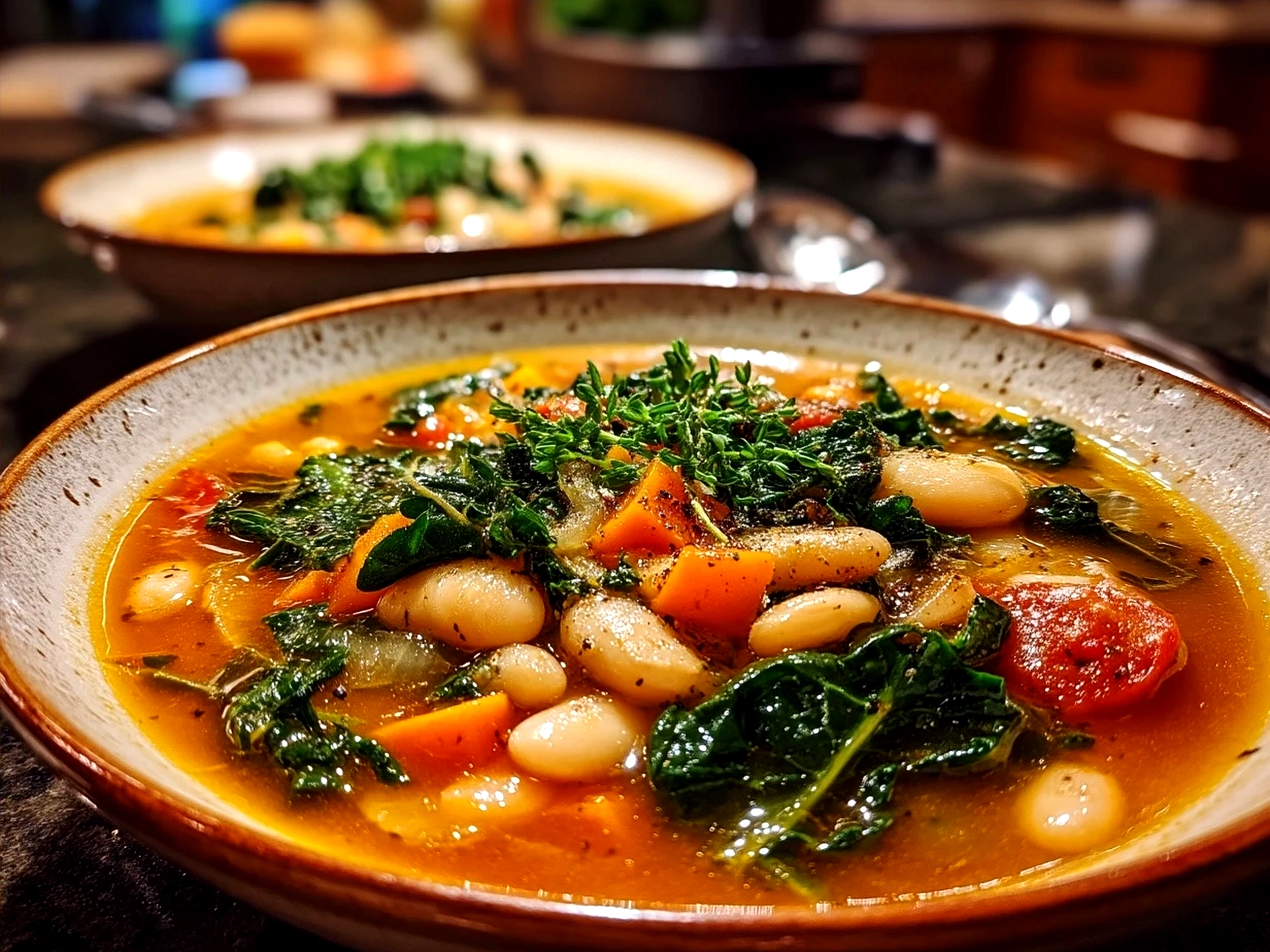 A bowl of white bean kale soup ready to serve