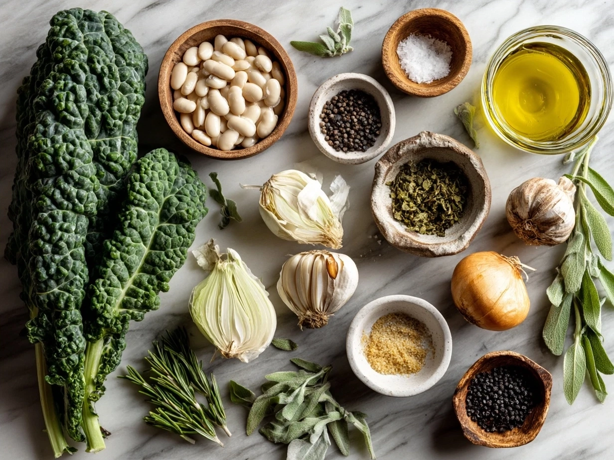 Ingredients for white bean kale soup displayed on a table