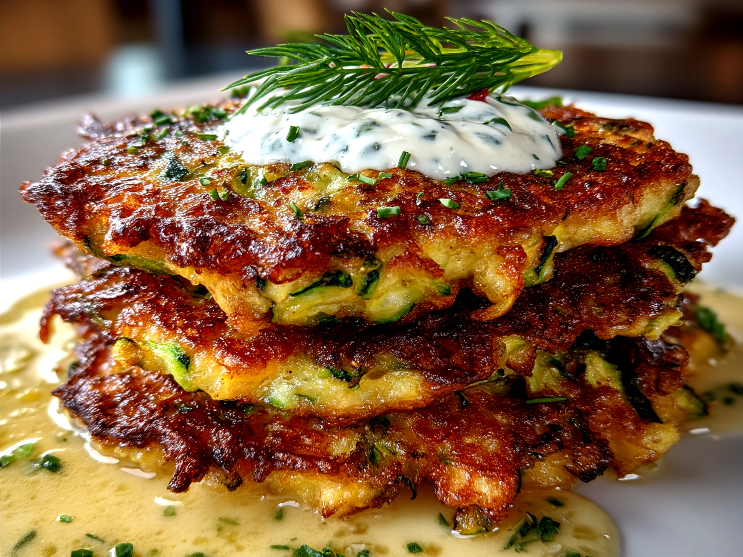 Zucchini Fritter Stack with Yogurt Sauce served beautifully on a white plate garnished with fresh herbs