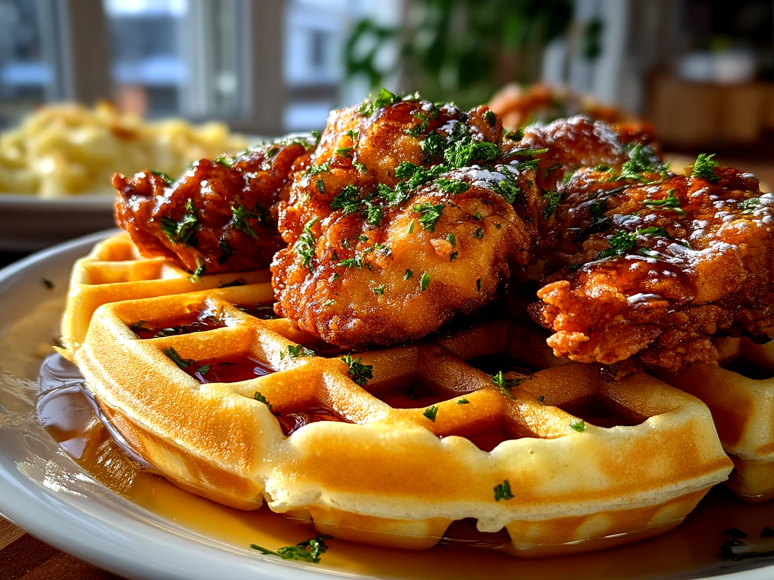 Close-up of finished comforting crispy chicken waffle served on plate