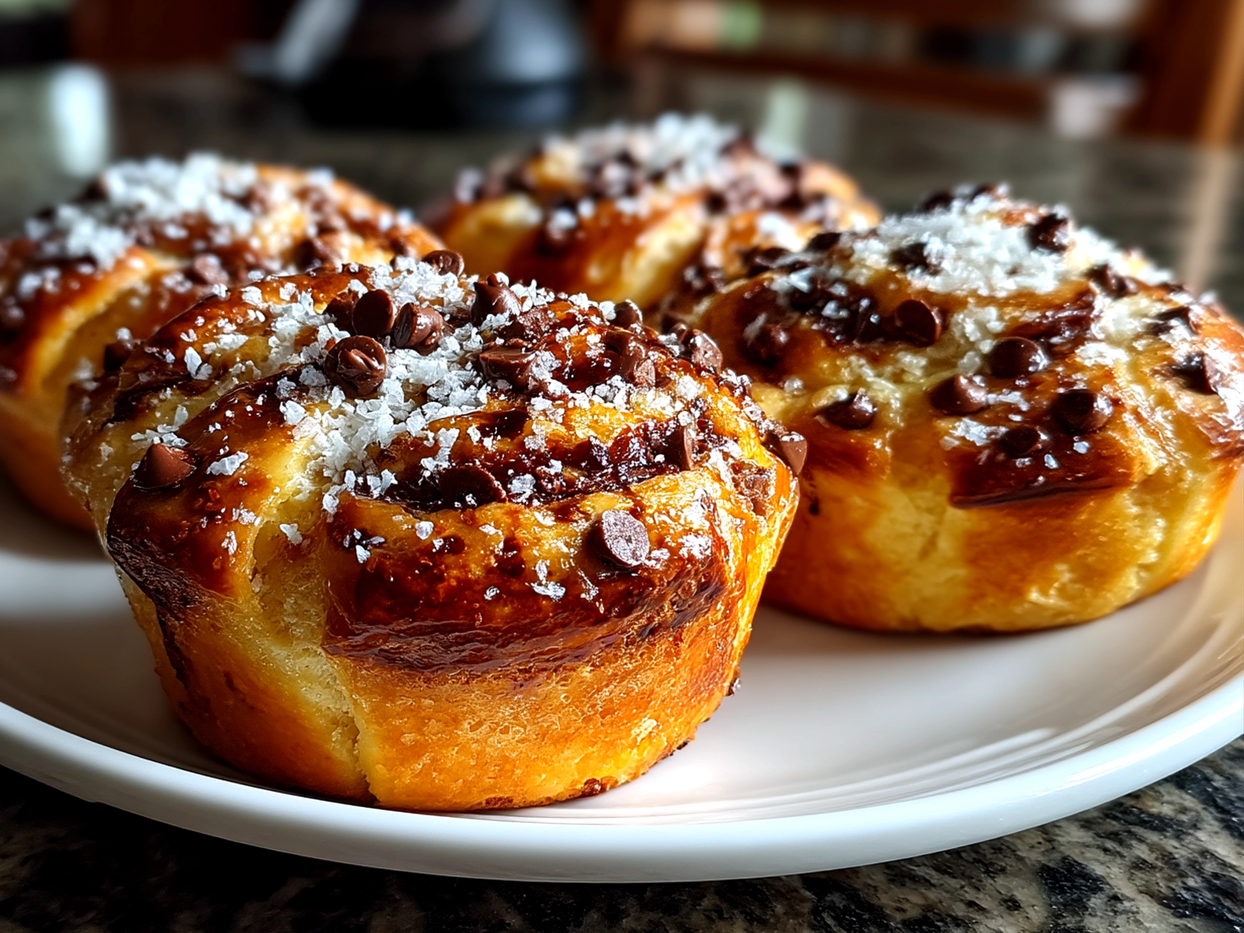 Freshly baked Chocolate Chip Sourdough Cruffins displayed on a rustic plate