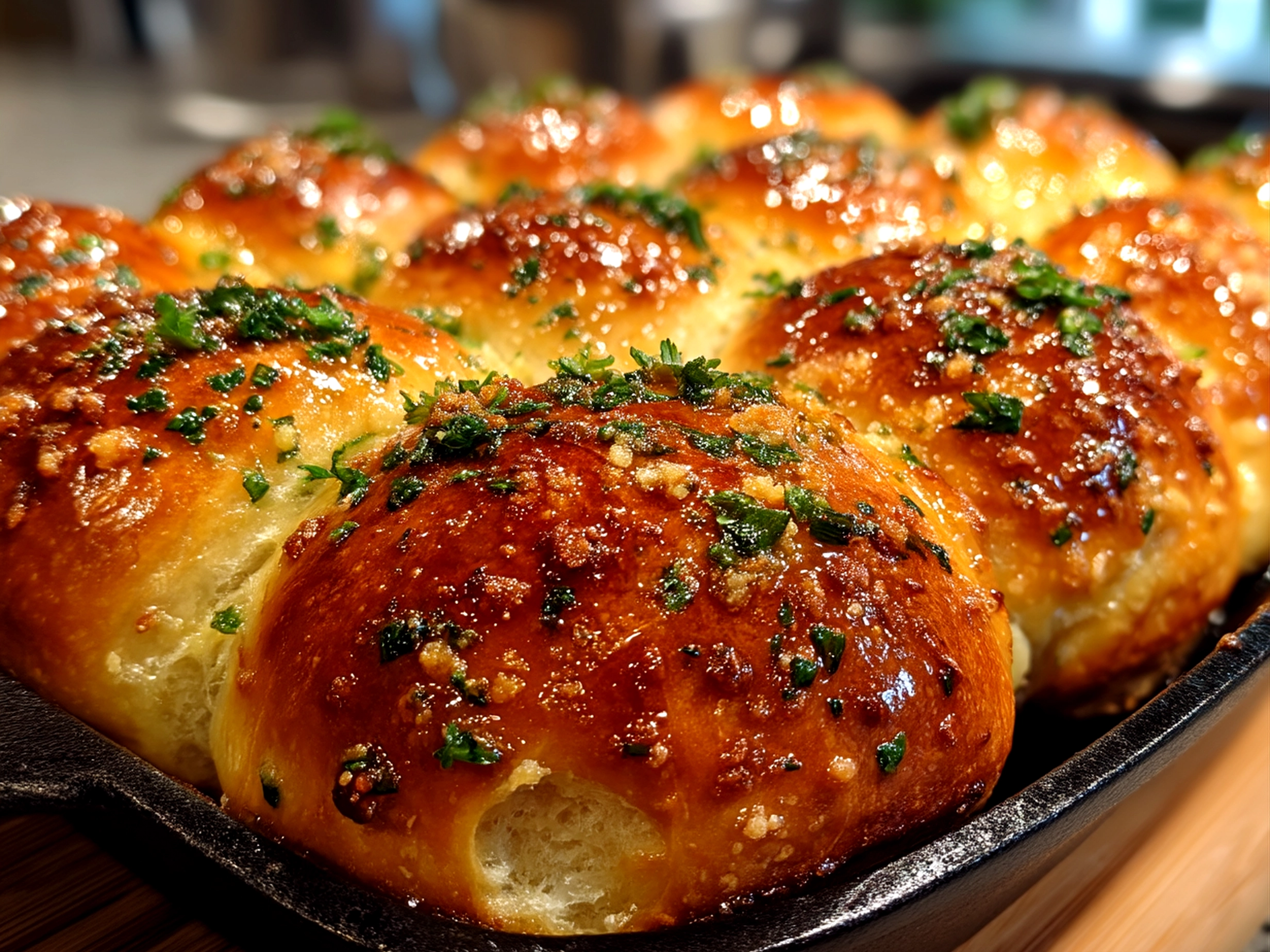 Close up of finished homemade garlic butter dinner rolls, rich and inviting