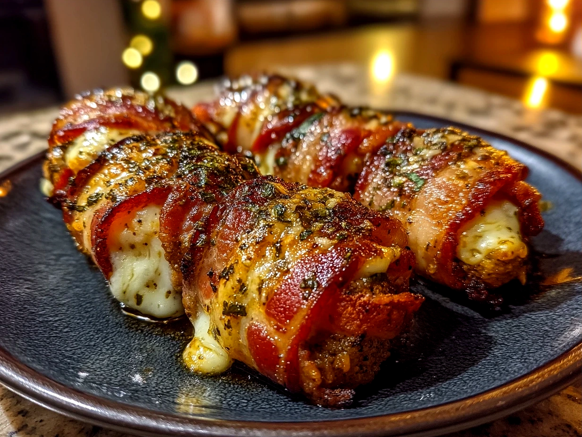Served Bacon Wrapped Grilled Cheese Fingers on a rustic wooden platter with dipping sauces